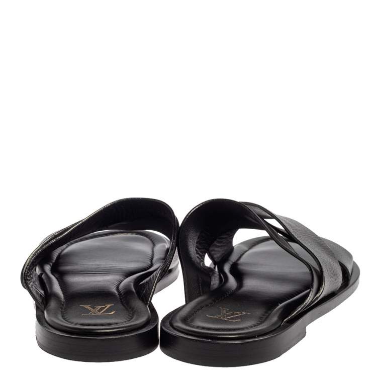 مملوكة مسبقًا  Louis Vuitton Black Leather Foch Cross Strap Flat Slides Size 43