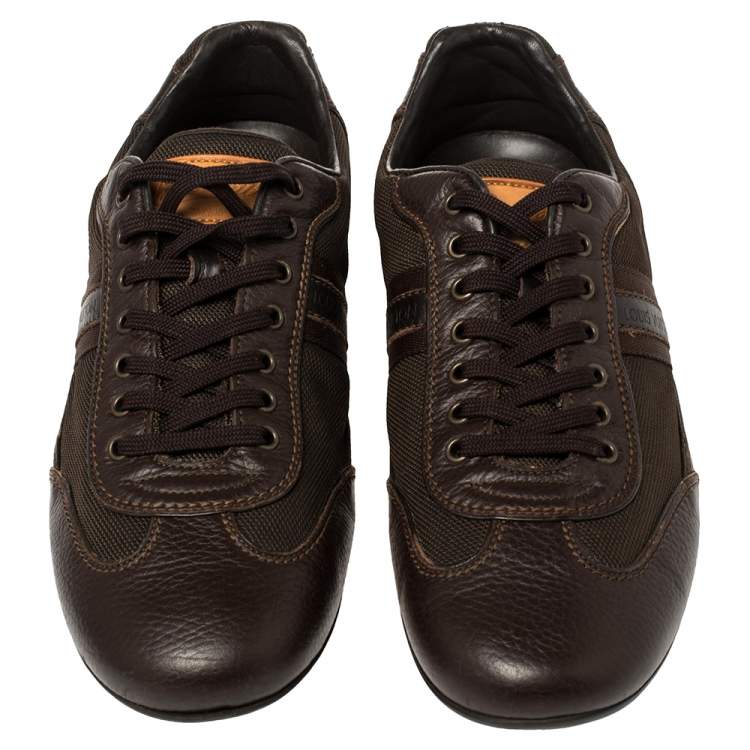 Pre Owned Louis Vuitton Brown Monogram Embossed Leather Lace Up Sneakers Size 42