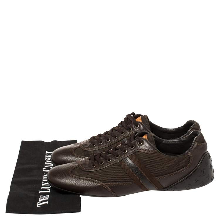 Pre Owned Louis Vuitton Brown Monogram Embossed Leather Lace Up Sneakers Size 42