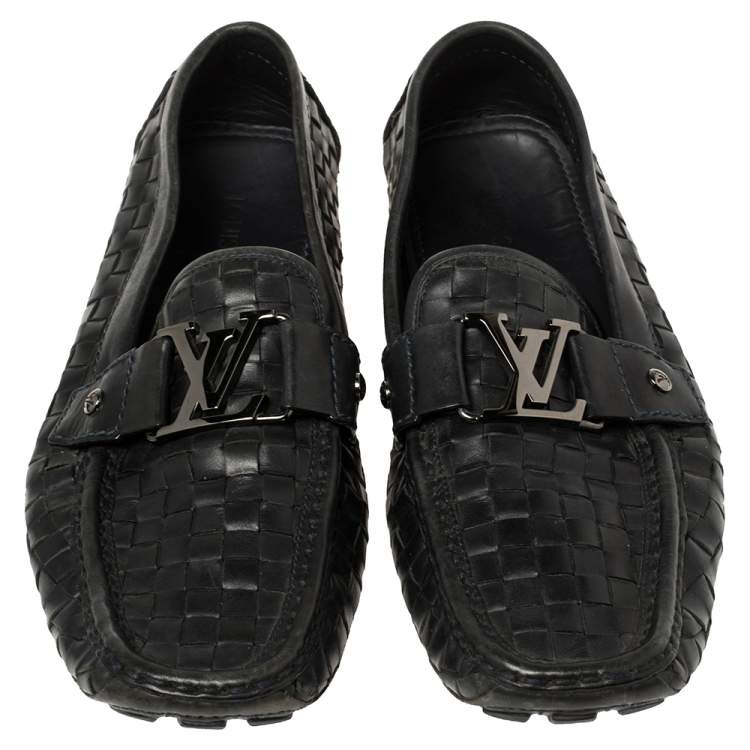 Pre Owned Louis Vuitton Navy Blue Woven Leather Monte Carlo Loafers Size 42