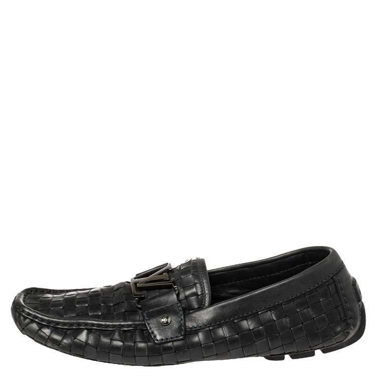 Pre Owned Louis Vuitton Navy Blue Woven Leather Monte Carlo Loafers Size 42