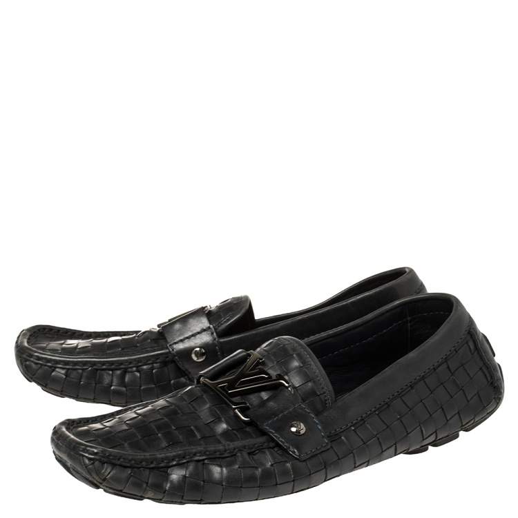 Pre Owned Louis Vuitton Navy Blue Woven Leather Monte Carlo Loafers Size 42