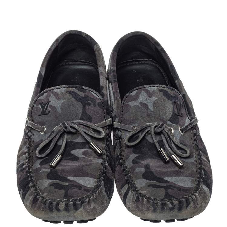 Pre Owned Louis Vuitton Gray Camo Suede  Slip On Loafers Size 43