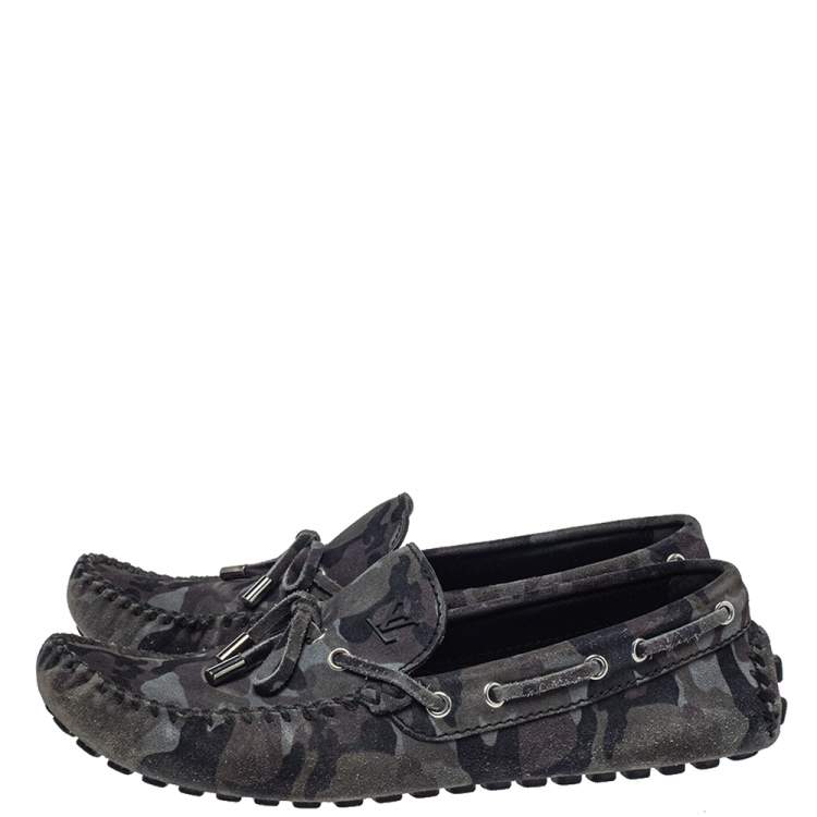 Pre Owned Louis Vuitton Gray Camo Suede  Slip On Loafers Size 43