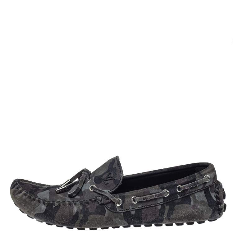 Pre Owned Louis Vuitton Gray Camo Suede  Slip On Loafers Size 43