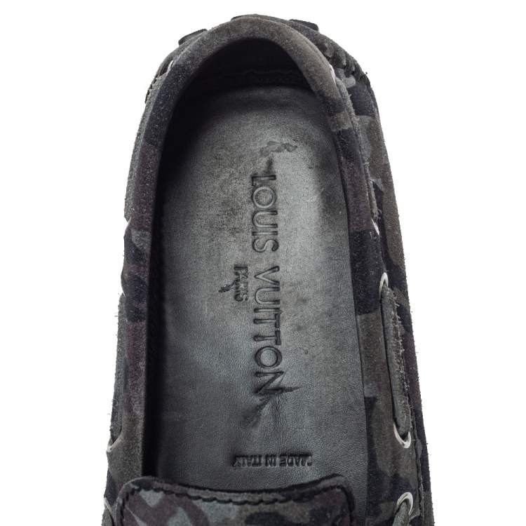 Pre Owned Louis Vuitton Gray Camo Suede  Slip On Loafers Size 43