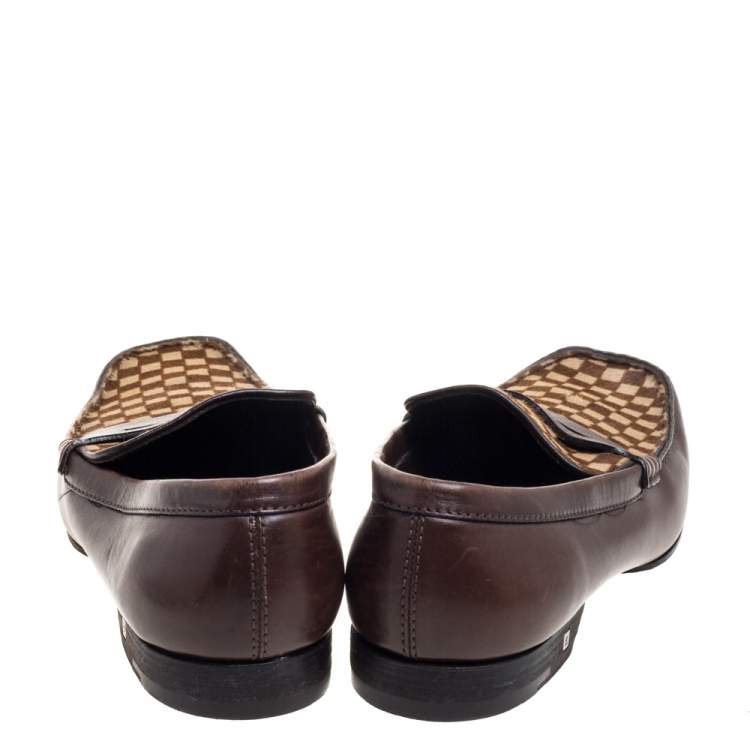 Pre Owned Louis Vuitton Brown/Beige Damier Sauvage Calf Hair And Leather Slip On Loafers Size 42