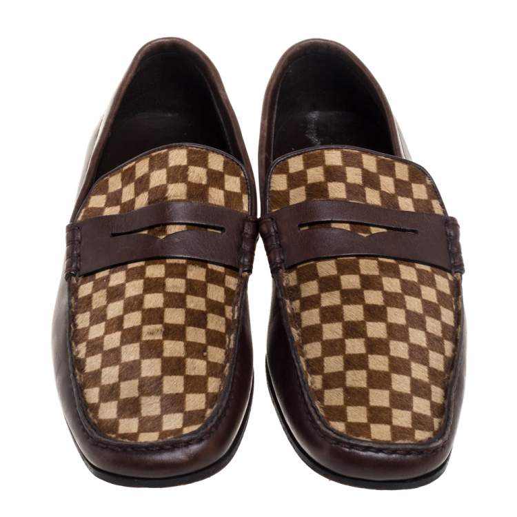 Pre Owned Louis Vuitton Brown/Beige Damier Sauvage Calf Hair And Leather Slip On Loafers Size 42
