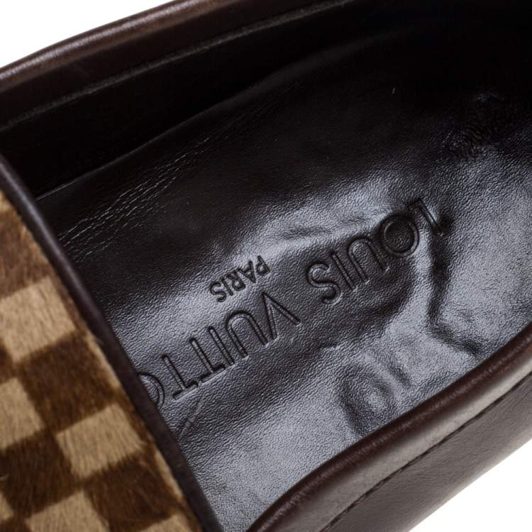 Pre Owned Louis Vuitton Brown/Beige Damier Sauvage Calf Hair And Leather Slip On Loafers Size 42