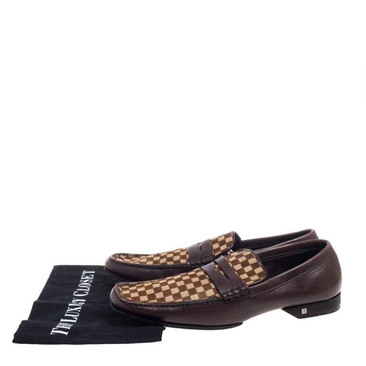 Pre Owned Louis Vuitton Brown/Beige Damier Sauvage Calf Hair And Leather Slip On Loafers Size 42