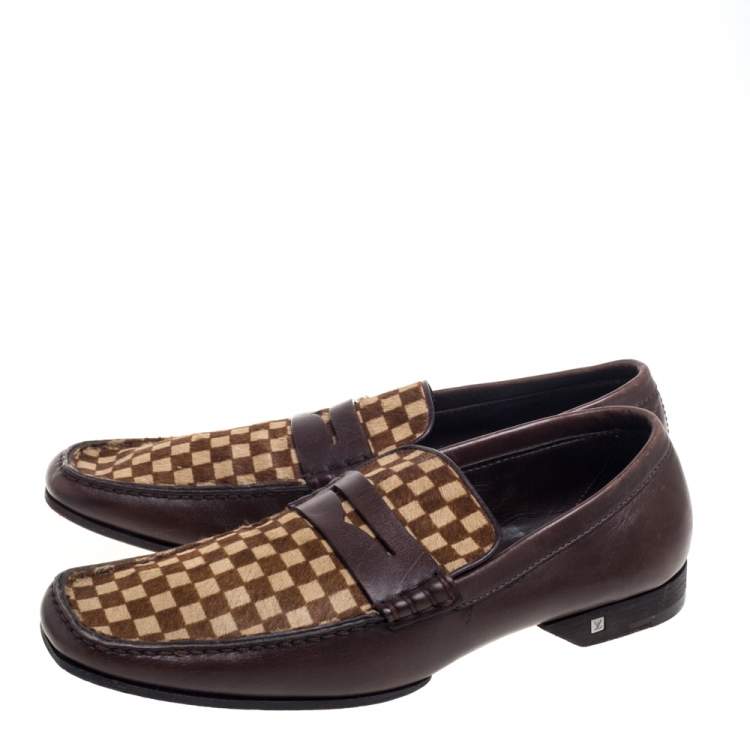 Pre Owned Louis Vuitton Brown/Beige Damier Sauvage Calf Hair And Leather Slip On Loafers Size 42