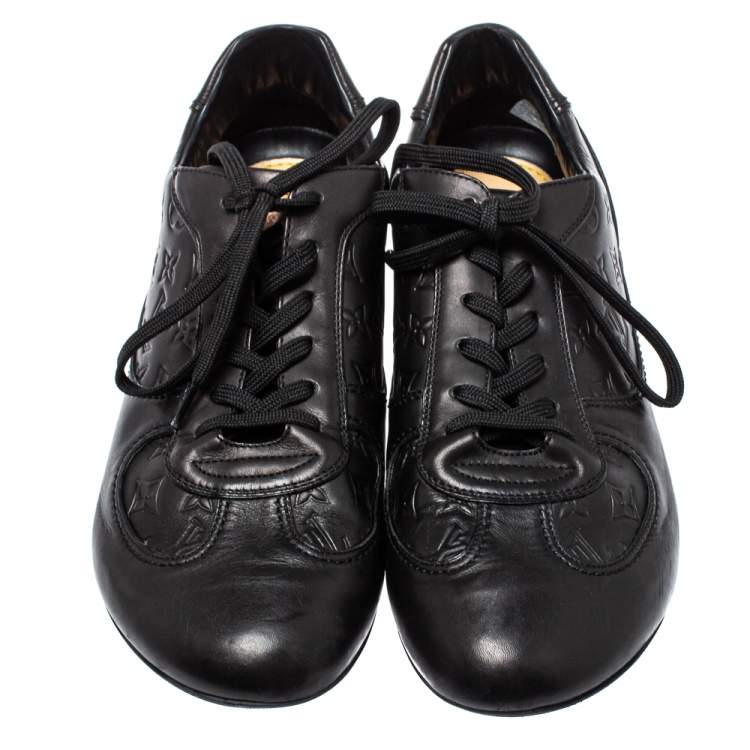 Pre Owned Louis Vuitton Black Monogram Embossed Leather Lace Up Sneakers Size 42