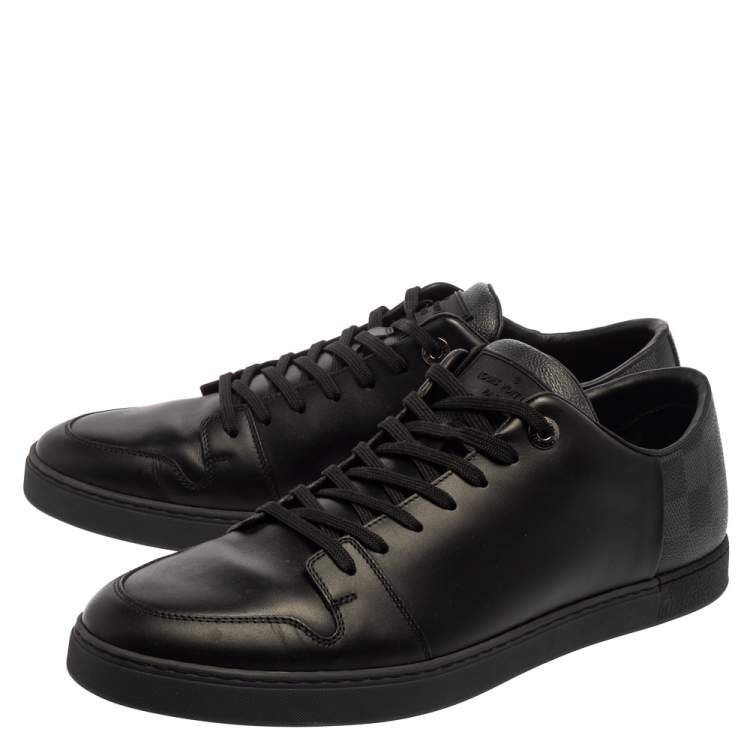 Pre Owned Louis Vuitton Black Leather And Damier Canvas Low Top Sneaker Size 43