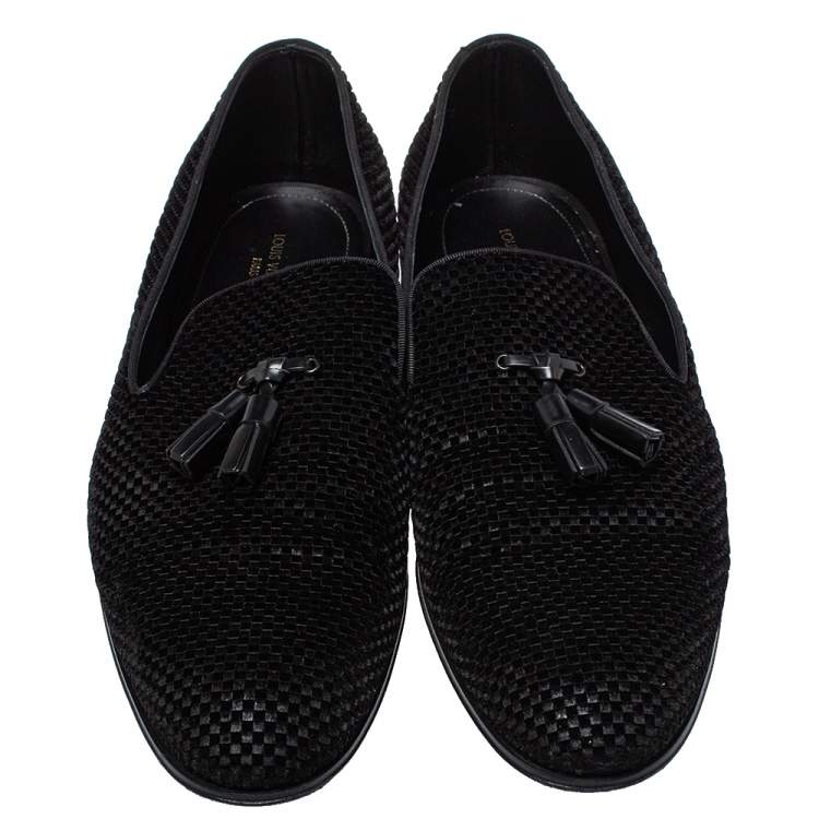 Pre Owned Louis Vuitton Black Check Velvet Tassel Detail Smoking Slippers Size 43.5