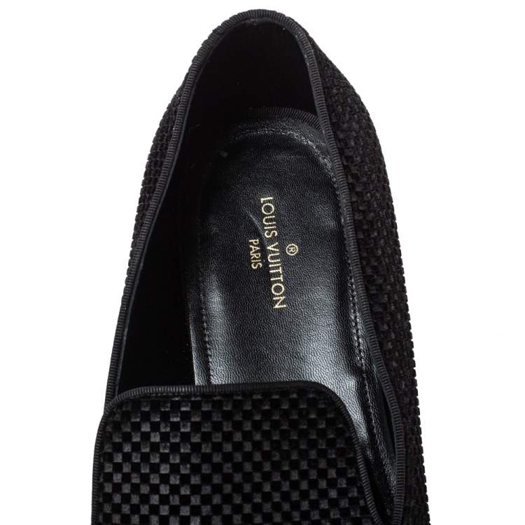 Pre Owned Louis Vuitton Black Check Velvet Tassel Detail Smoking Slippers Size 43.5