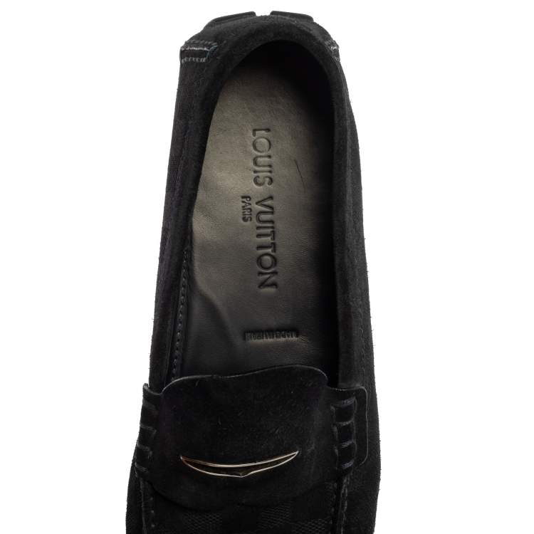 Pre Owned Louis Vuitton Dark Blue Damier Embossed Suede Shade Penny Loafers Size 43