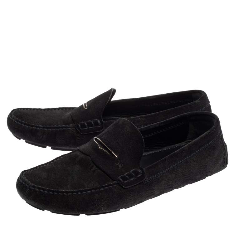 Pre Owned Louis Vuitton Dark Blue Damier Embossed Suede Shade Penny Loafers Size 43
