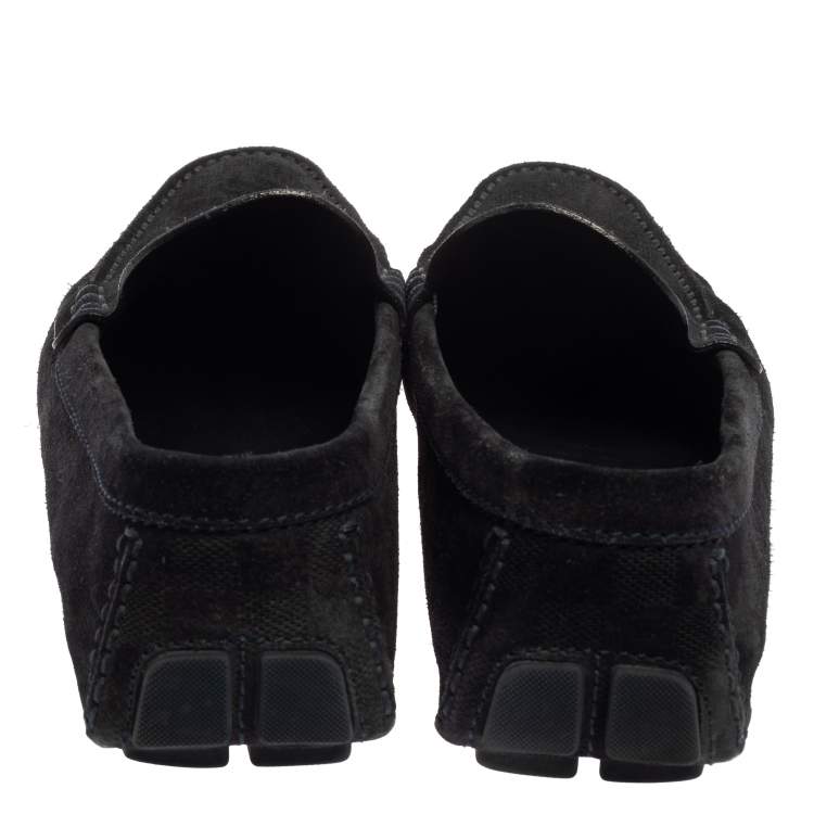 Pre Owned Louis Vuitton Dark Blue Damier Embossed Suede Shade Penny Loafers Size 43