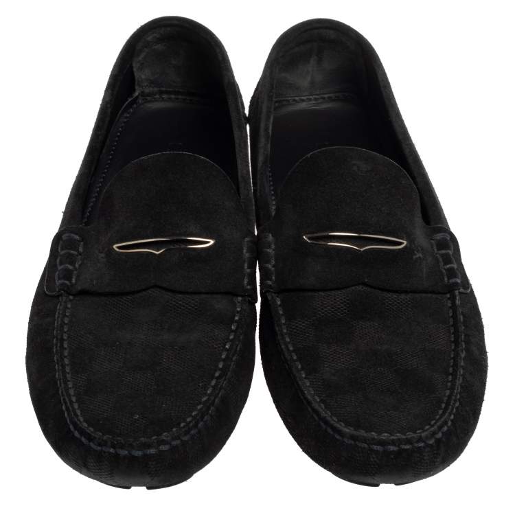 Pre Owned Louis Vuitton Dark Blue Damier Embossed Suede Shade Penny Loafers Size 43
