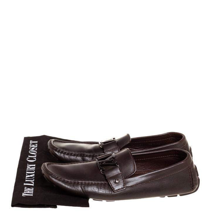 Pre Owned Louis Vuitton Dark Brown Leather Monte Carlo Logo Slip On Loafers Size 45
