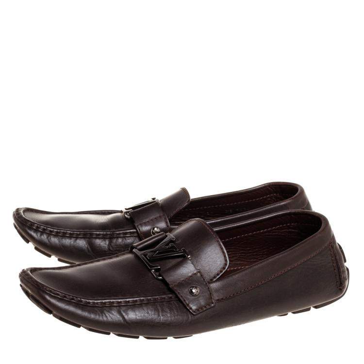 Pre Owned Louis Vuitton Dark Brown Leather Monte Carlo Logo Slip On Loafers Size 45