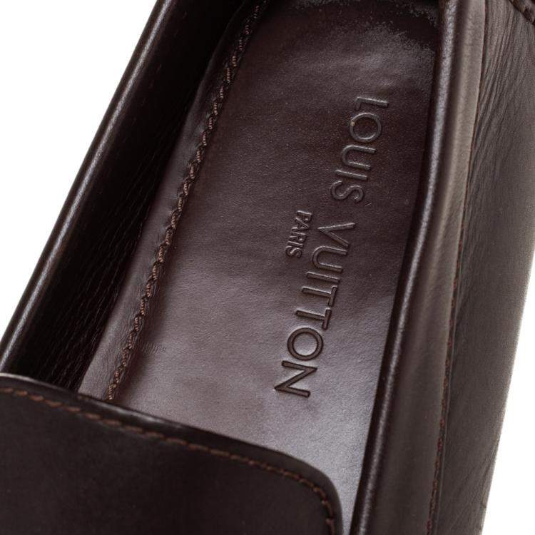 Pre Owned Louis Vuitton Dark Brown Leather Monte Carlo Logo Slip On Loafers Size 45
