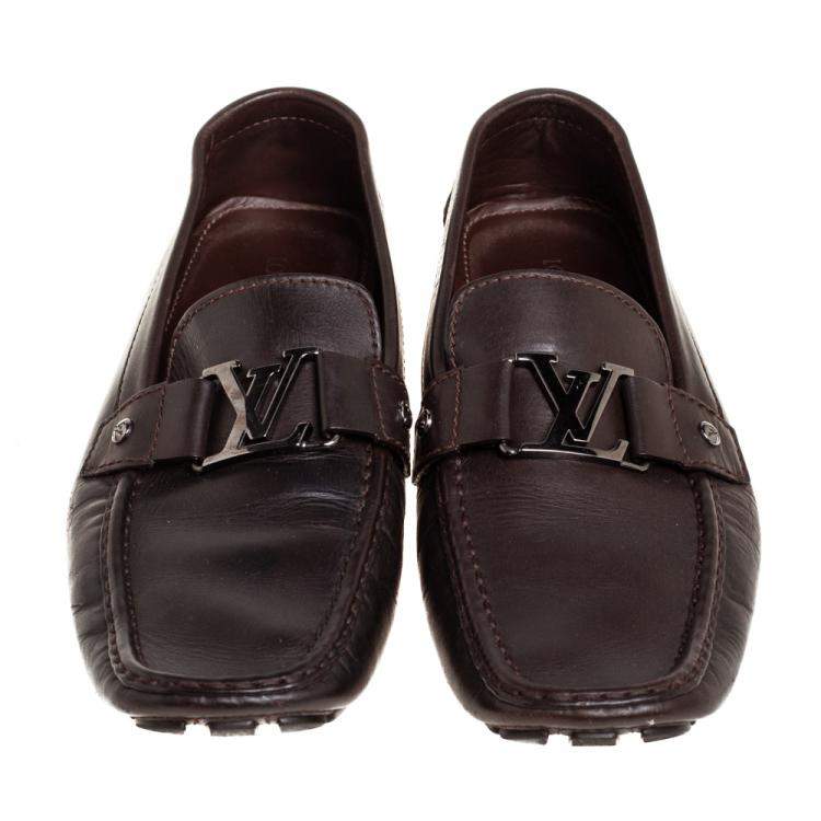 Pre Owned Louis Vuitton Dark Brown Leather Monte Carlo Logo Slip On Loafers Size 45