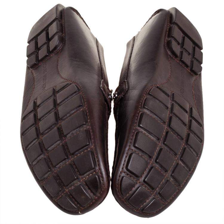 Pre Owned Louis Vuitton Dark Brown Leather Monte Carlo Logo Slip On Loafers Size 45