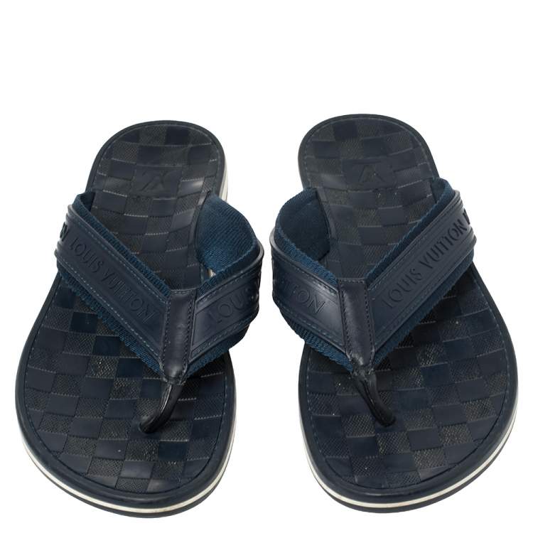 Pre Owned Louis Vuitton Blue Damier Rubber And Fabric Key Flip Flop Flat Sandals Size 43.5