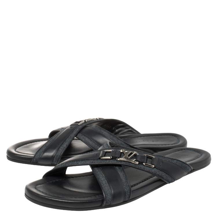 Pre Owned  Louis Vuitton Blue Fabric and Leather Hamptons Thong Sandals Size 45.5