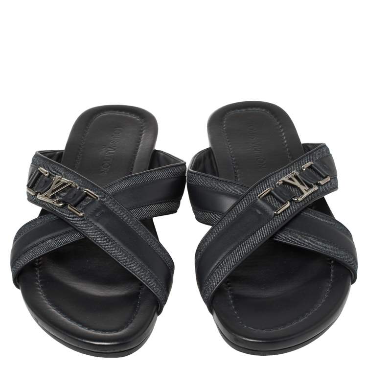 Pre Owned  Louis Vuitton Blue Fabric and Leather Hamptons Thong Sandals Size 45.5