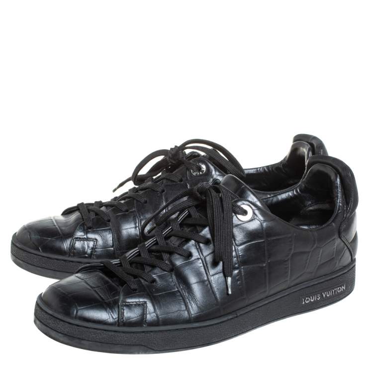 Pre Owned Louis Vuitton Black Croc Embossed Leather Front Row Lace Up Sneakers Size 40
