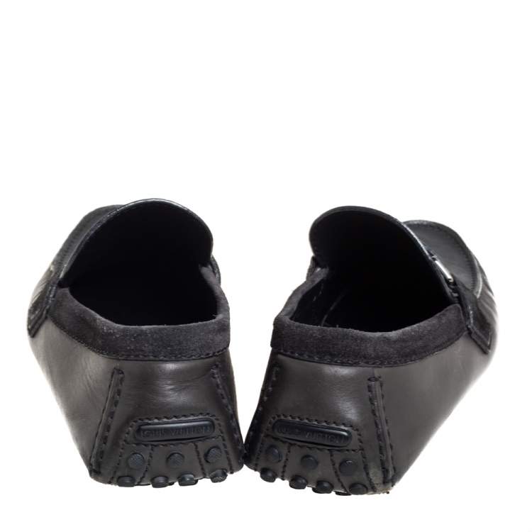 Pre Owned Louis Vuitton Dark Grey/Black Leather And Suede Hockenheim Slip On Loafers Size 40.5