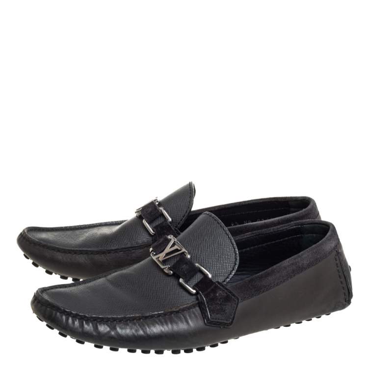 Pre Owned Louis Vuitton Dark Grey/Black Leather And Suede Hockenheim Slip On Loafers Size 40.5
