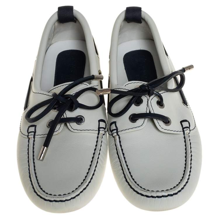 Pre Owned Louis Vuitton White/Navy Blue Leather Lace Up Derby Loafer Size 41.5
