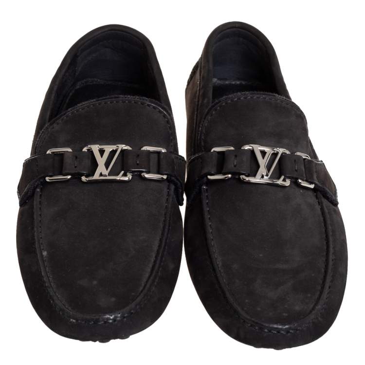 Pre Owned Louis Vuitton Black Nubuck Leather Hockenheim Slip On Loafers Size 41.5