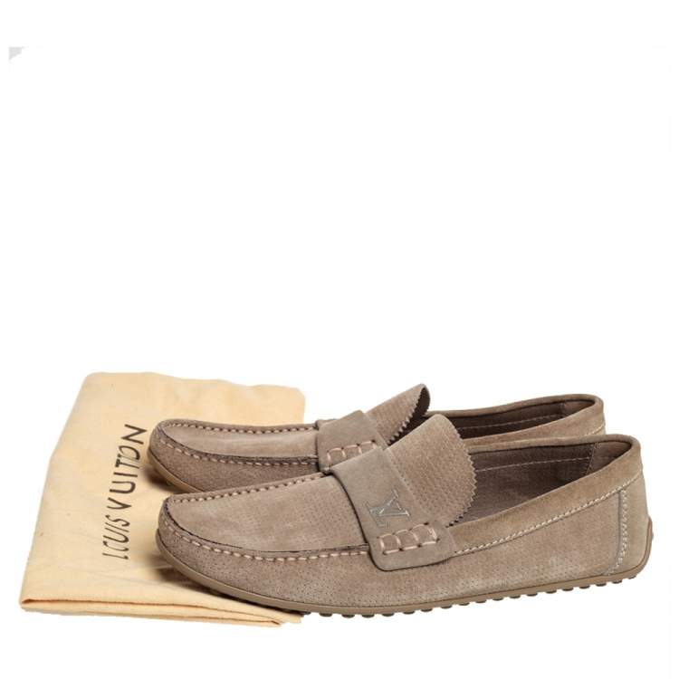 Pre Owned Louis Vuitton Brown Perforated Suede Slip On Loafers Size 41.5