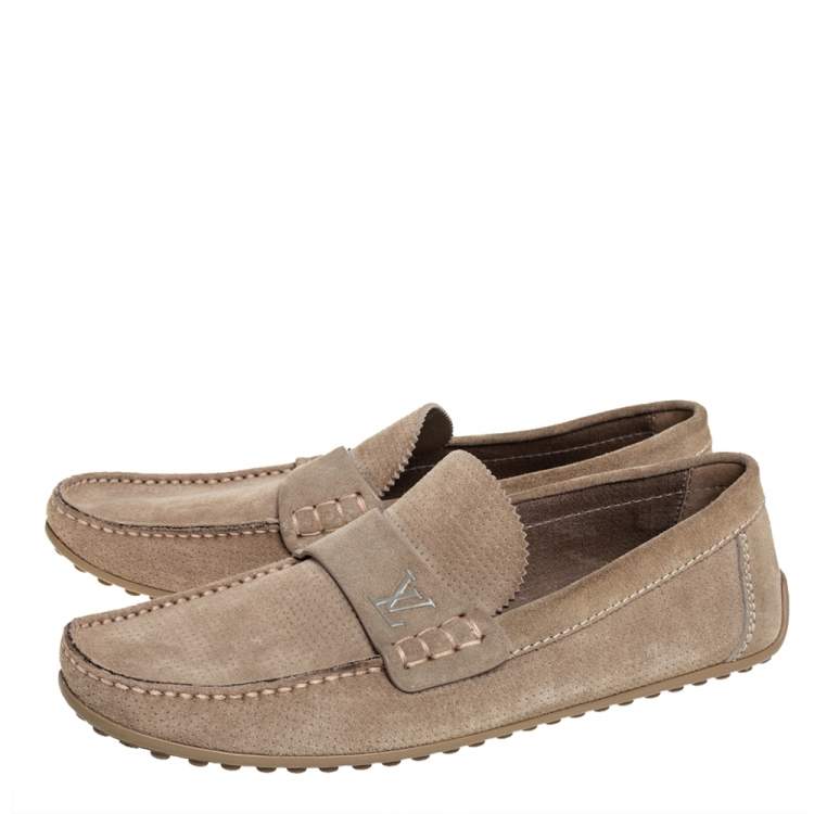 Pre Owned Louis Vuitton Brown Perforated Suede Slip On Loafers Size 41.5
