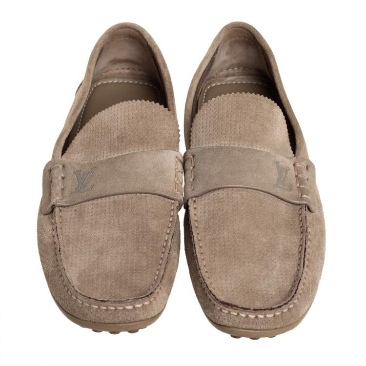 Pre Owned Louis Vuitton Brown Perforated Suede Slip On Loafers Size 41.5
