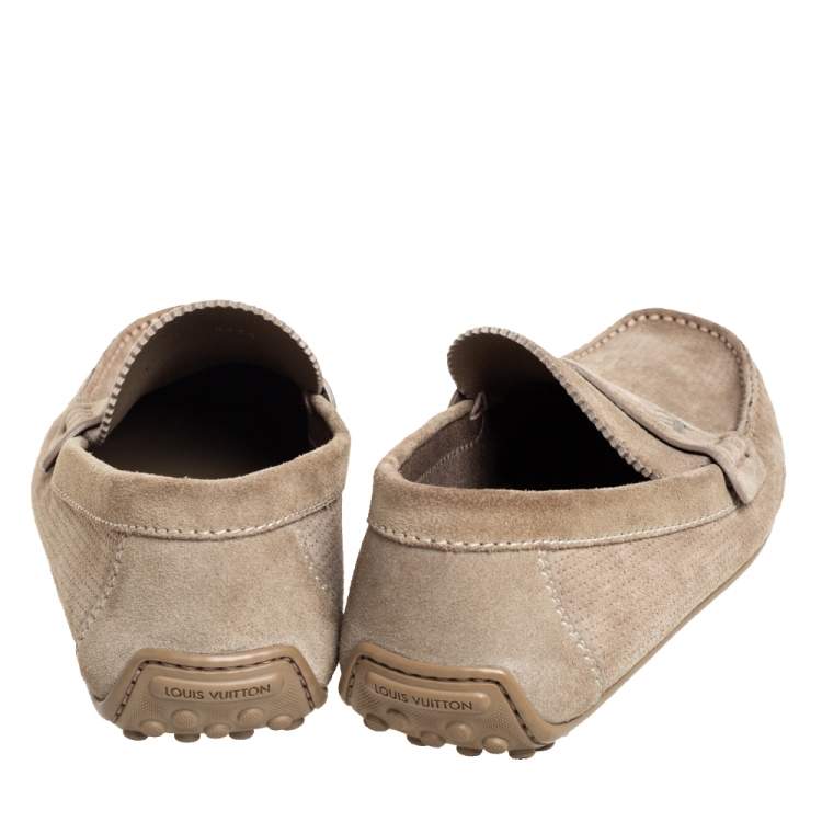Pre Owned Louis Vuitton Brown Perforated Suede Slip On Loafers Size 41.5