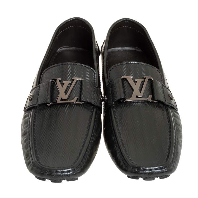 Pre Owned Louis Vuitton Black Textured Leather Monte Carlo Slip On Loafers Size 41.5 