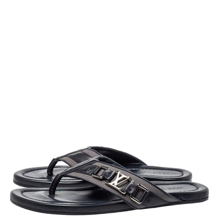 Pre Owned Louis Vuitton Dark Blue Leather And Canvas Hamptons Thong Sandals Size 41