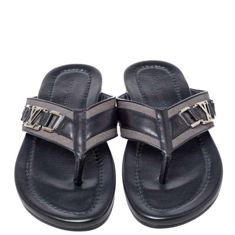 Pre Owned Louis Vuitton Dark Blue Leather And Canvas Hamptons Thong Sandals Size 41