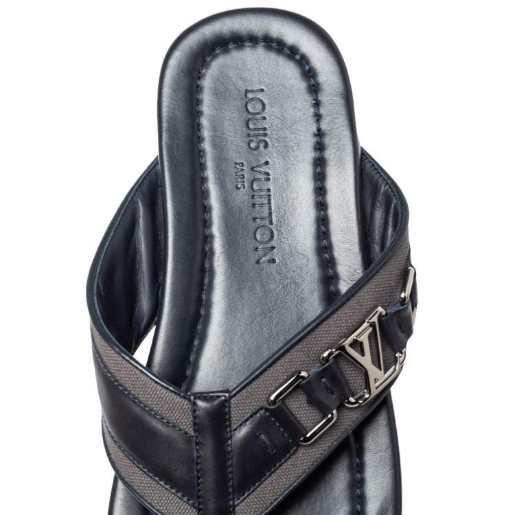 Pre Owned Louis Vuitton Dark Blue Leather And Canvas Hamptons Thong Sandals Size 41
