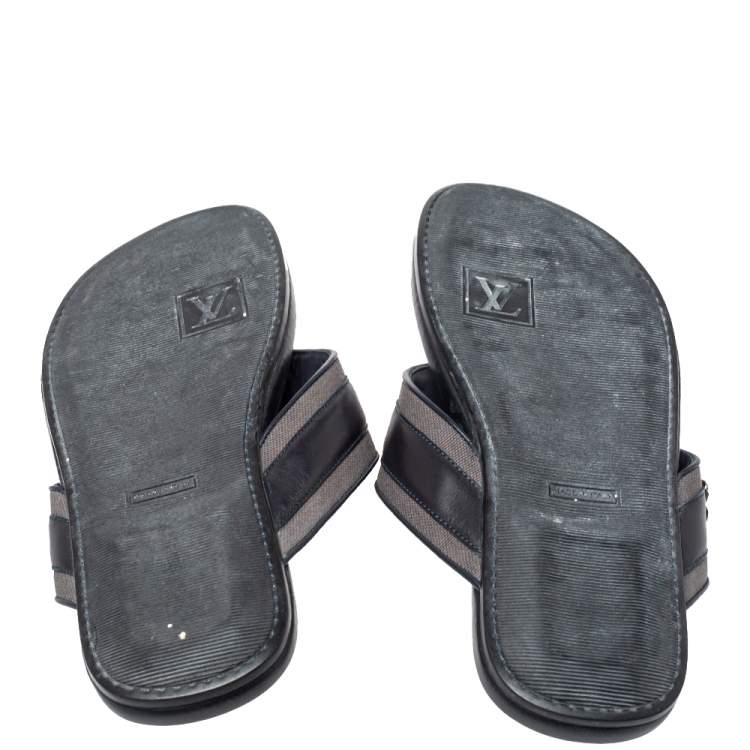 Pre Owned Louis Vuitton Dark Blue Leather And Canvas Hamptons Thong Sandals Size 41