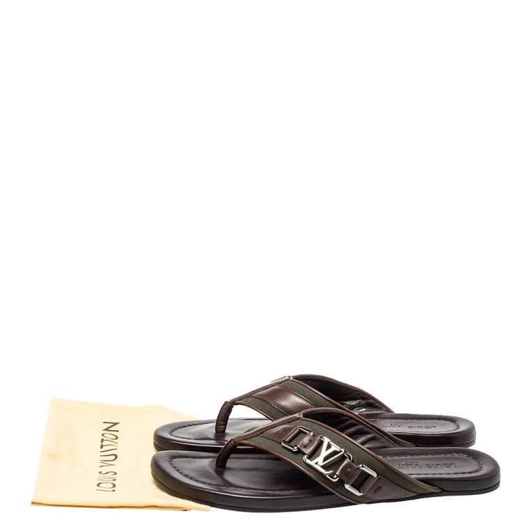 Pre Owned Louis Vuitton Brown Leather And Canvas Hamptons Thong Sandals Size 41.5