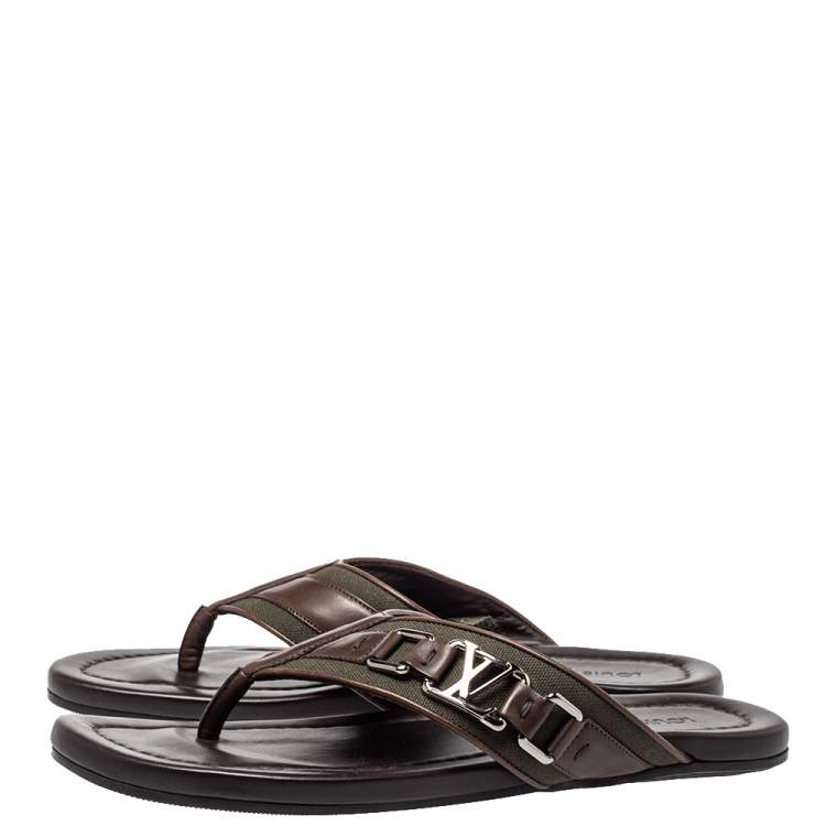 Pre Owned Louis Vuitton Brown Leather And Canvas Hamptons Thong Sandals Size 41.5