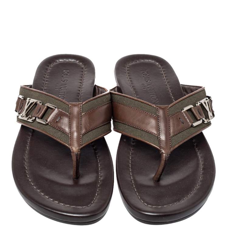 Pre Owned Louis Vuitton Brown Leather And Canvas Hamptons Thong Sandals Size 41.5