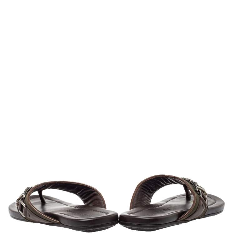 Pre Owned Louis Vuitton Brown Leather And Canvas Hamptons Thong Sandals Size 41.5