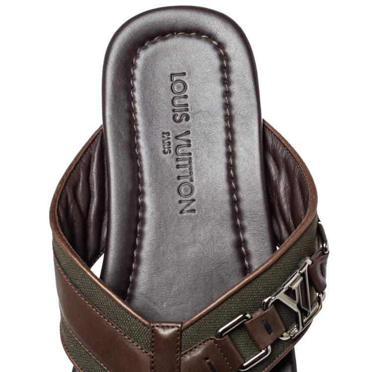 Pre Owned Louis Vuitton Brown Leather And Canvas Hamptons Thong Sandals Size 41.5